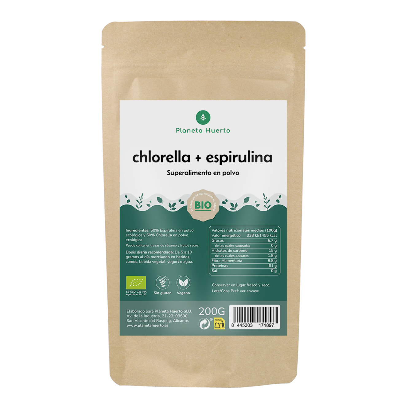 PLANETA HUERTO | Chlorella + Spirulina en polvo 200 g Rico en Vitaminas, Minerales y Clorofila