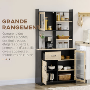 Buffet haut multi-rangement 3 portes 3 étagères tiroir 5 niches bicolore aspect chêne clair noir