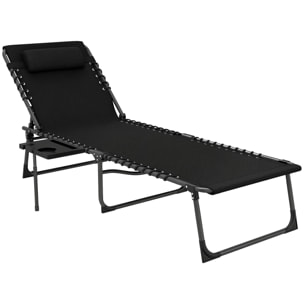 Tumbona Plegable, Tumbona Jardín Exterior con Respaldo Ajustable, Reposacabezas, Bolsillo Lateral, Bandeja y Estructura de Acero, Carga 120 kg para Terraza Piscina Playa, 190x60x31 cm, Negro