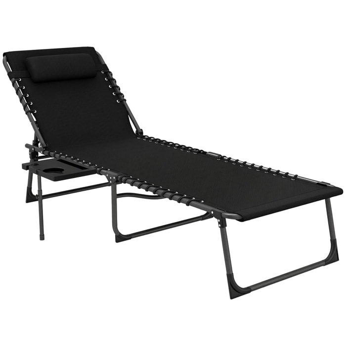 Tumbona Plegable, Tumbona Jardín Exterior con Respaldo Ajustable, Reposacabezas, Bolsillo Lateral, Bandeja y Estructura de Acero, Carga 120 kg para Terraza Piscina Playa, 190x60x31 cm, Negro