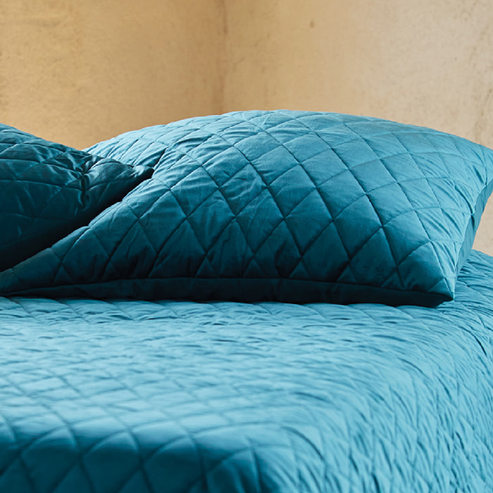Couvre-Lit et Taies d'Oreiller en Velours Matelassé - Bleu Paon