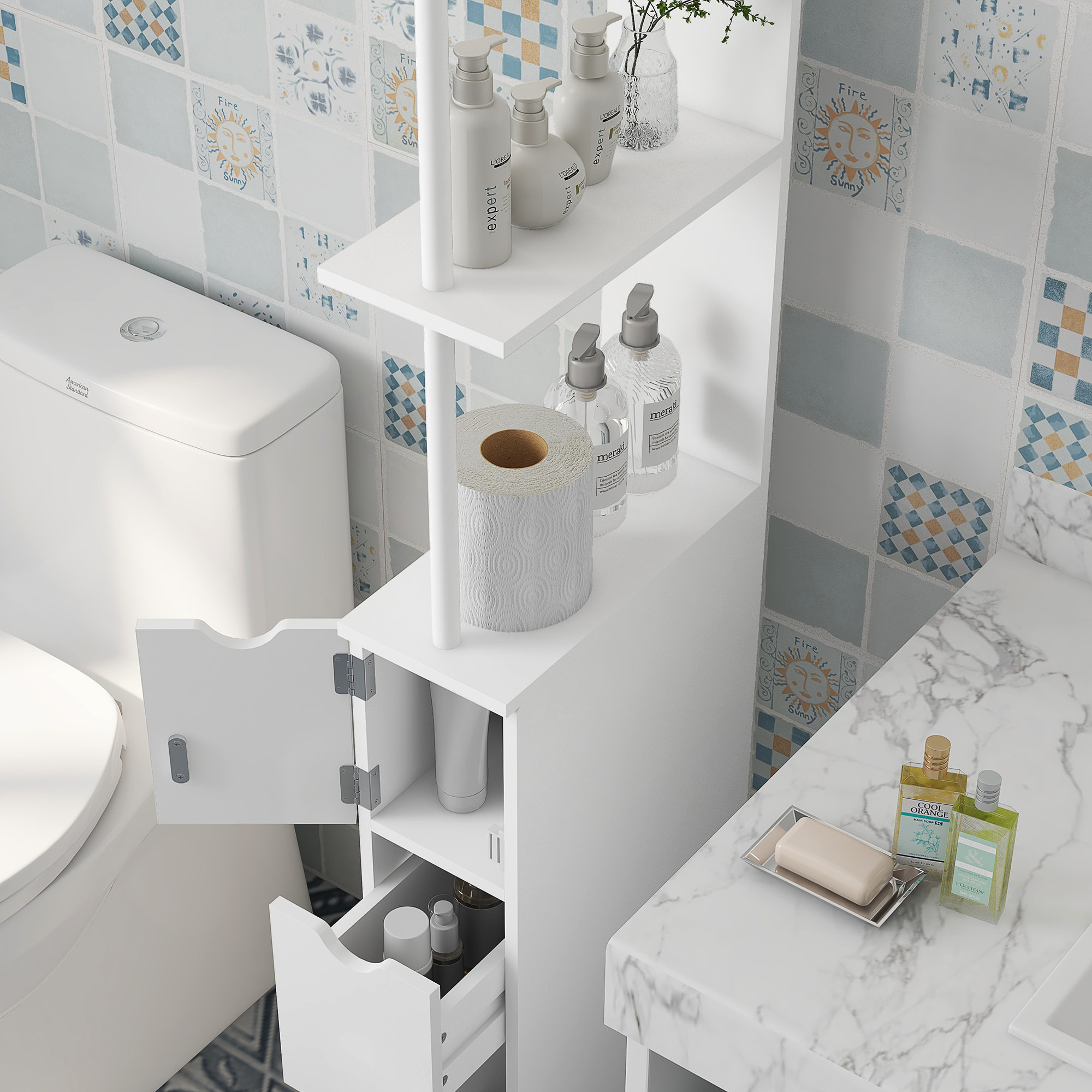 Colonne salle de bain style contemporain - 2 tiroirs, 2 étagères, porte - MDF métal blanc