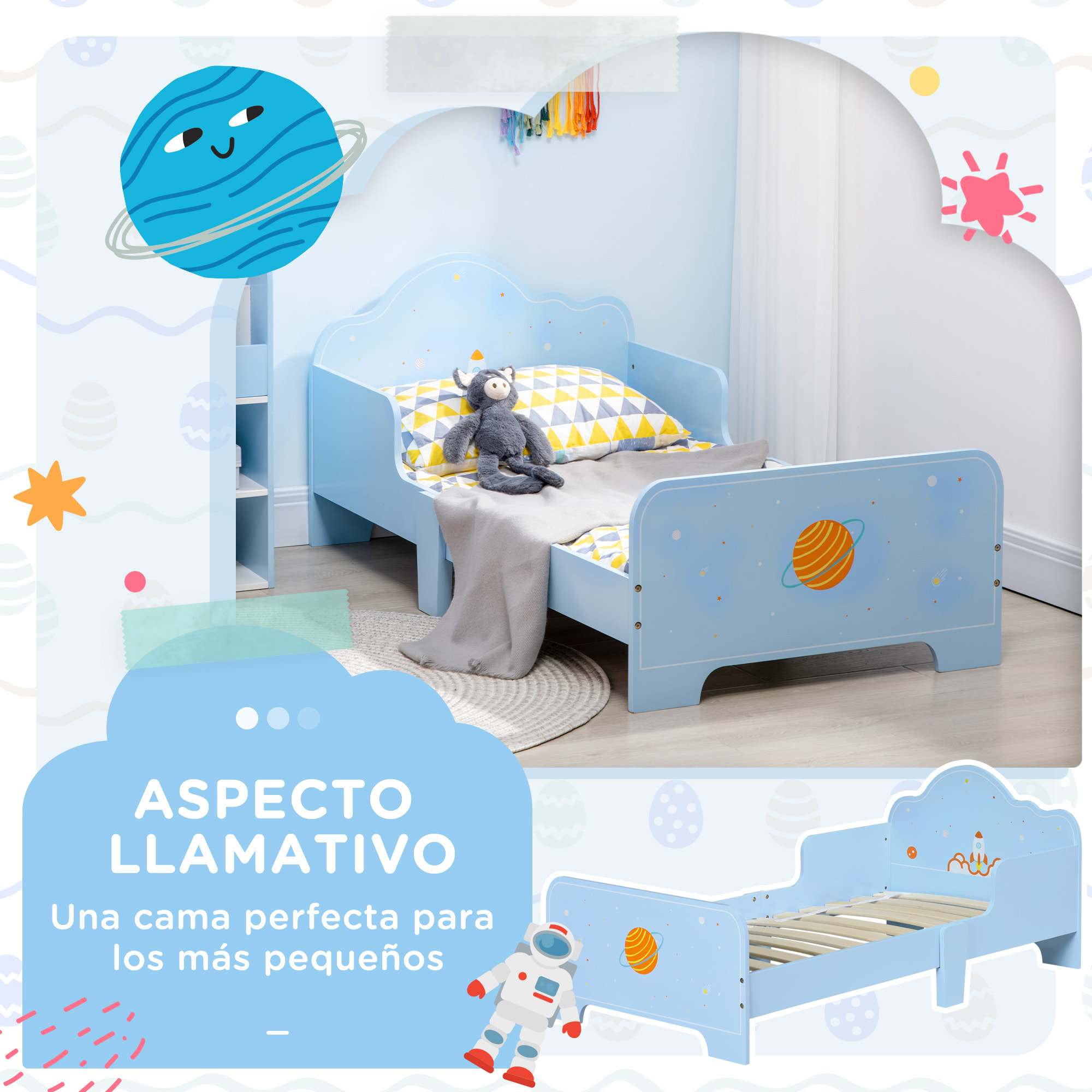 ZONEKIZ Cama para Niños de 3-6 Años 143x74x59 cm Cama Infantil de Madera con Barreras de Protección Carga Máx. 80 kg Mueble de Dormitorio Moderno Azul