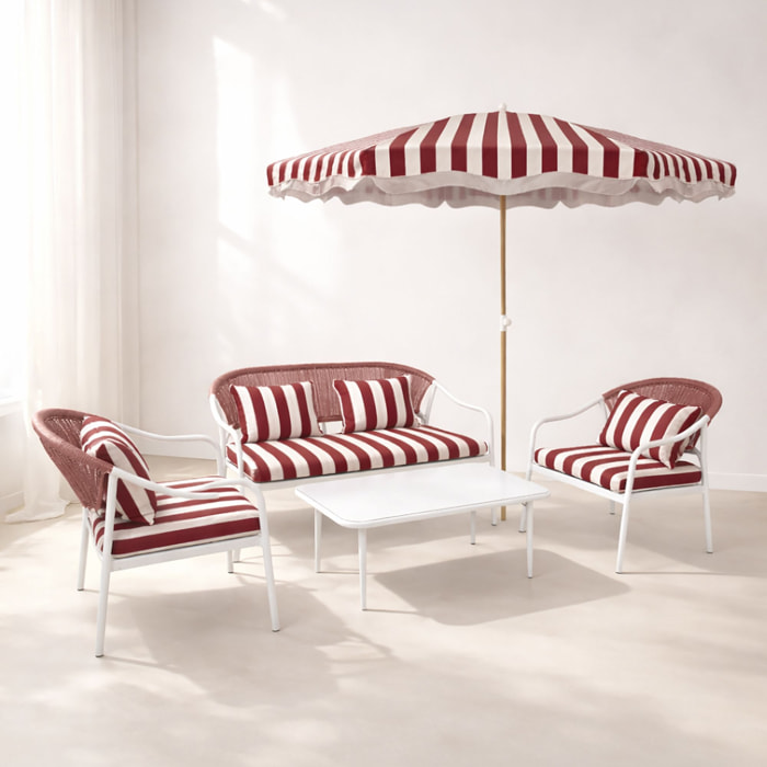 Ensemble salon de jardin en acier + parasol blanc et coquelicot positano