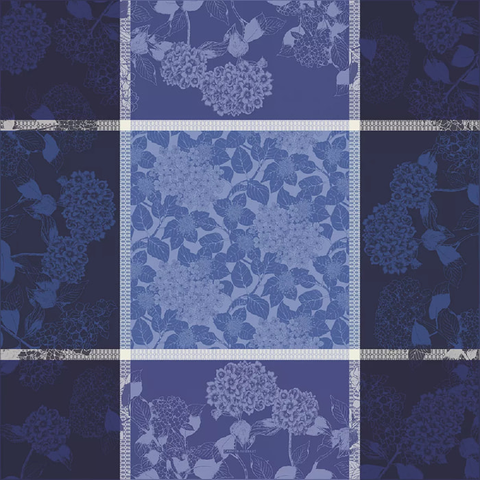 Nappe anti tache pur coton bio motif jacquard Hortensias bleu