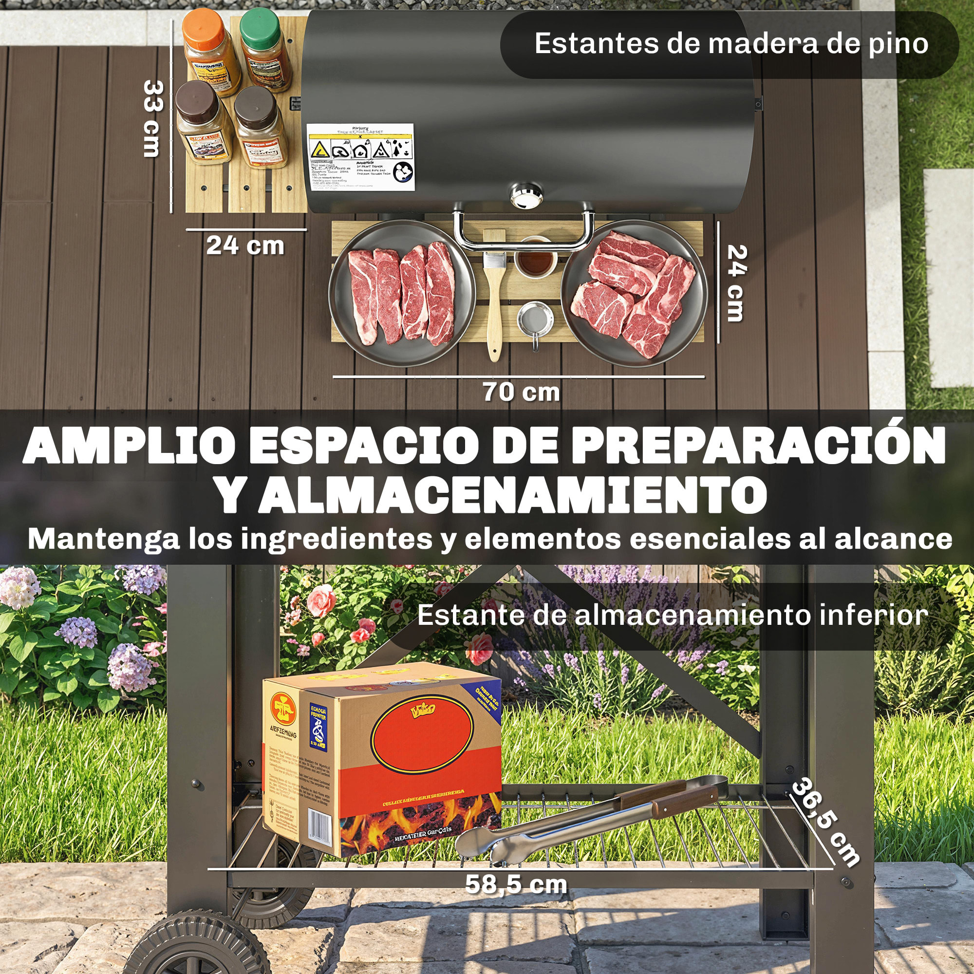 Barbacoa de Carbón Portátil, Barbacoa de Carbón Móvil con Estantes Plegables, Termómetro, Tapa, Ventilaciones Ajustables, Recoge Cenizas, Ruedas, Asa, 109x71x98 cm, Negro y Madera Natural