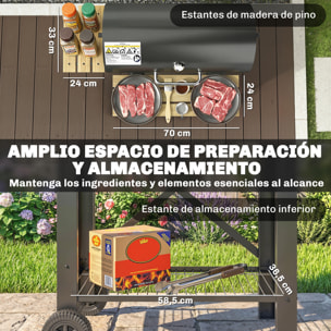 Barbacoa de Carbón Portátil, Barbacoa de Carbón Móvil con Estantes Plegables, Termómetro, Tapa, Ventilaciones Ajustables, Recoge Cenizas, Ruedas, Asa, 109x71x98 cm, Negro y Madera Natural
