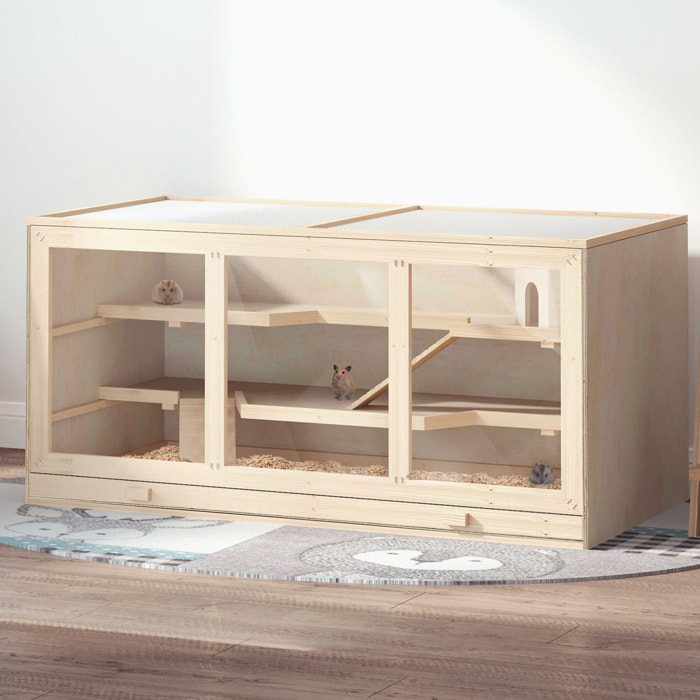 Cage pour hamster 2 étages dim. 115x57x55cm toit ouvrable fenêtres cabane 2 échelles plateau déjection bois