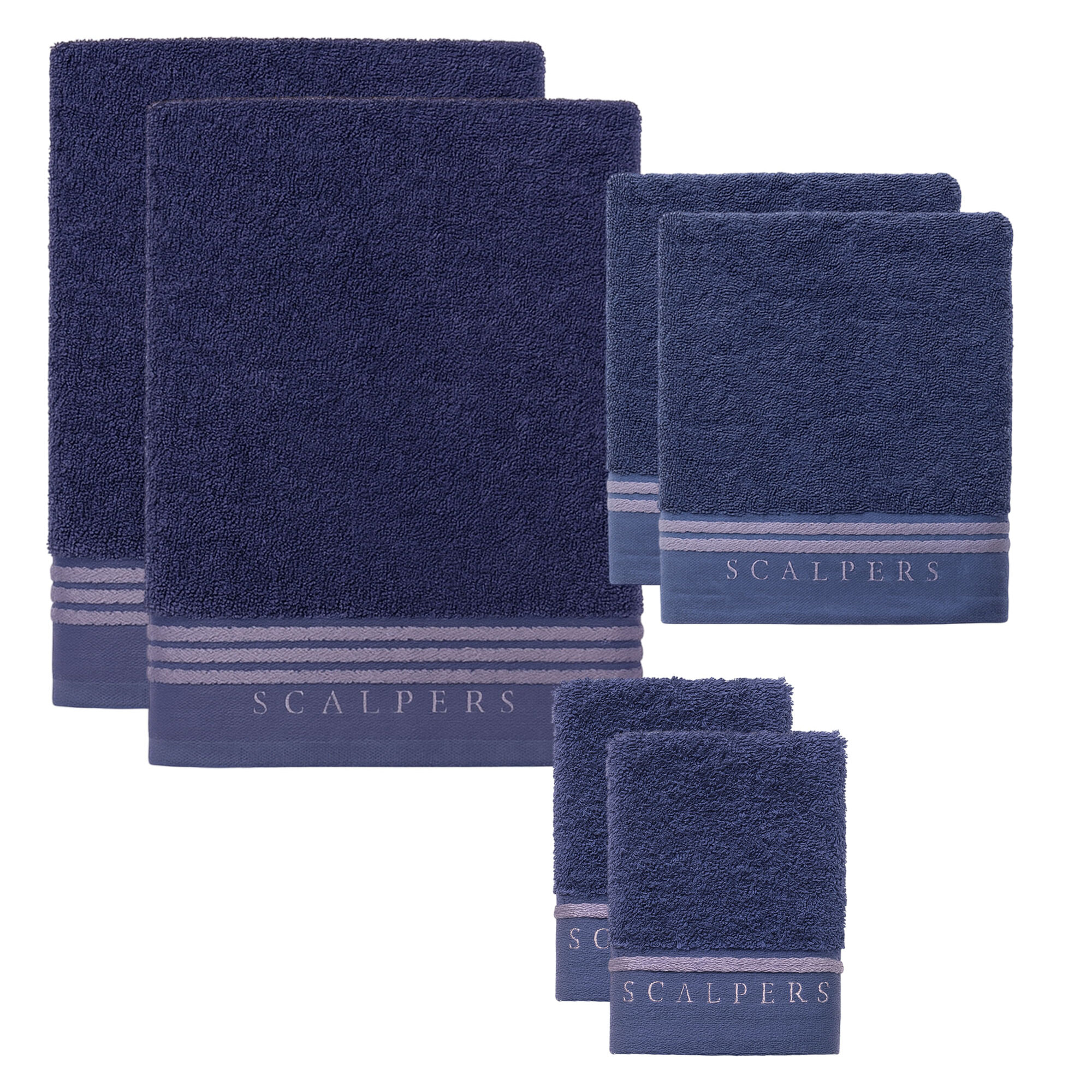 Set 6 toallas baño (2x tocador 30x50cm + 2x manos 50x90cm + 2x baño 70x140cm) 450gsm en algodón azul con gris scalpers home