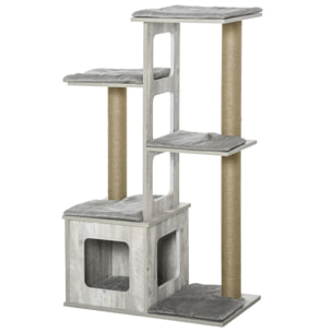 Árbol Rascador para Gatos 67x38,5x114 cm Torre de Escalada de Gatos con Cueva de Madera Múltiples Plataformas y Postes de Rascar de Yute Juego y Descanso Gris