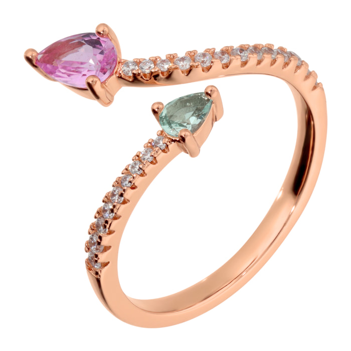 Anello Contrarié con Pavé e Cubic Zirconia a Goccia Verde e Rosa