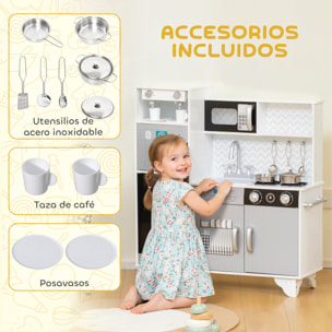 Cocina de Juguete de Madera con Sonido, Cocinita Infantil con Accesorios de Acero Inoxidable, Microondas, Máquina de Hielo, Cafetera, Lavavajillas, 79,5x24x83,8 cm, Blanco