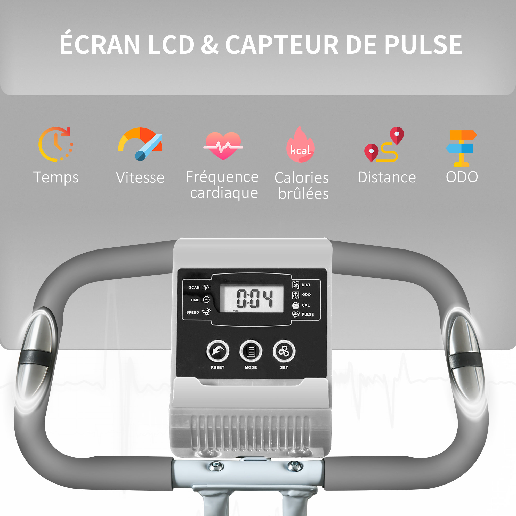 Vélo d'appartement pliant 8 niveaux de résistance magnétique dossier selle réglable poignées ergonomiques écran LCD multifonction suspensions support tablette acier gris