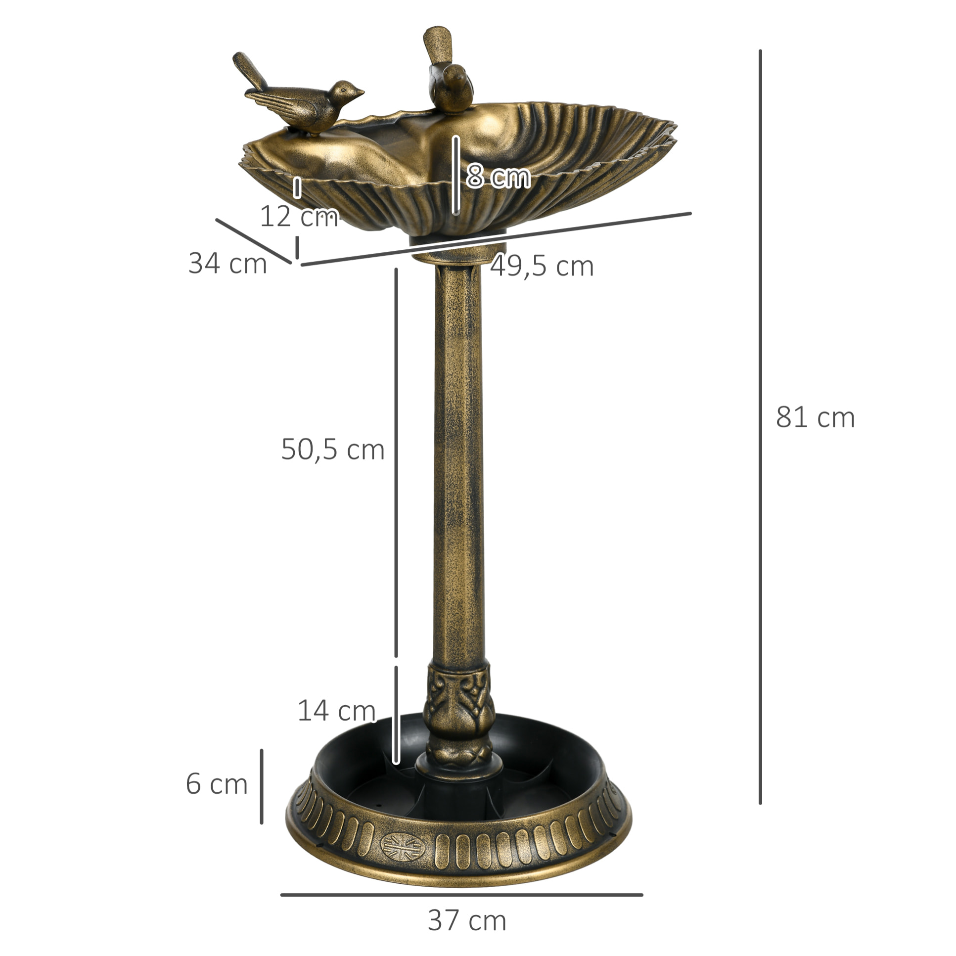 Baño para Pájaros de Jardín al Aire Libre, Altura 81 cm, Comedero para Pájaros con Base de Pedestal, Diseño de Concha y Acabado Envejecido, Ligero y Resistente, Bebedero para Aves, Bronce