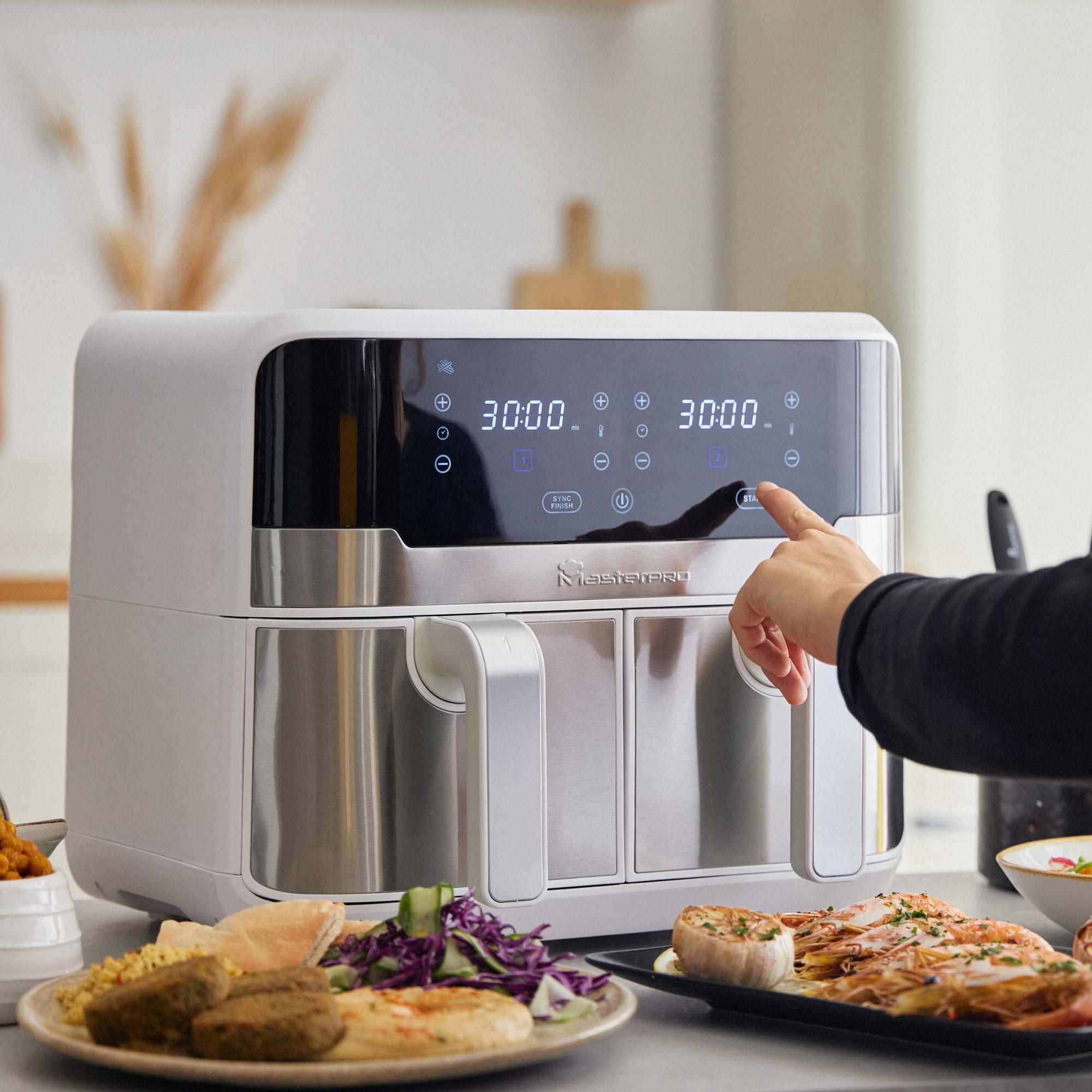 MasterPro Rocket Duo 900 Freidorade aire Color Blanco de 9 L y 2400W, Pantalla LED Táctil y Cesta Antiadherente 11 Funciones