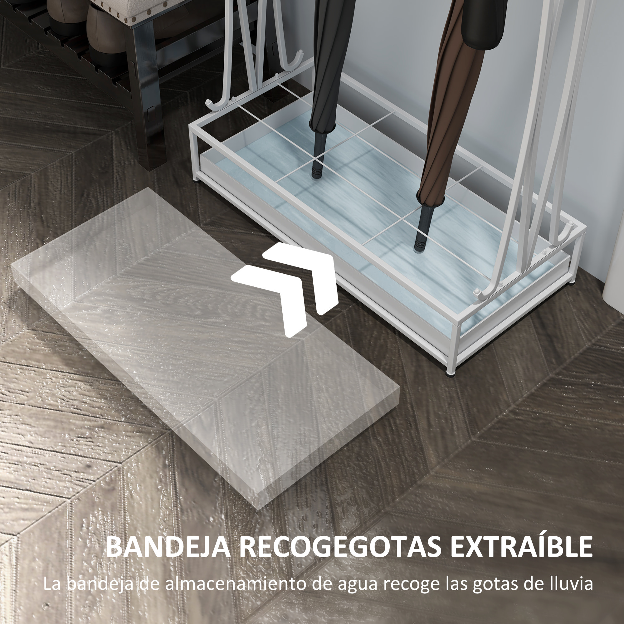 Paragüero Moderno Rectangular Soporte de Paraguas de Acero con 24 Ganchos 21 Espacios y Bandeja Recogegotas Extraíble Paragüero para Entrada Oficina 50x24x68 cm Blanco
