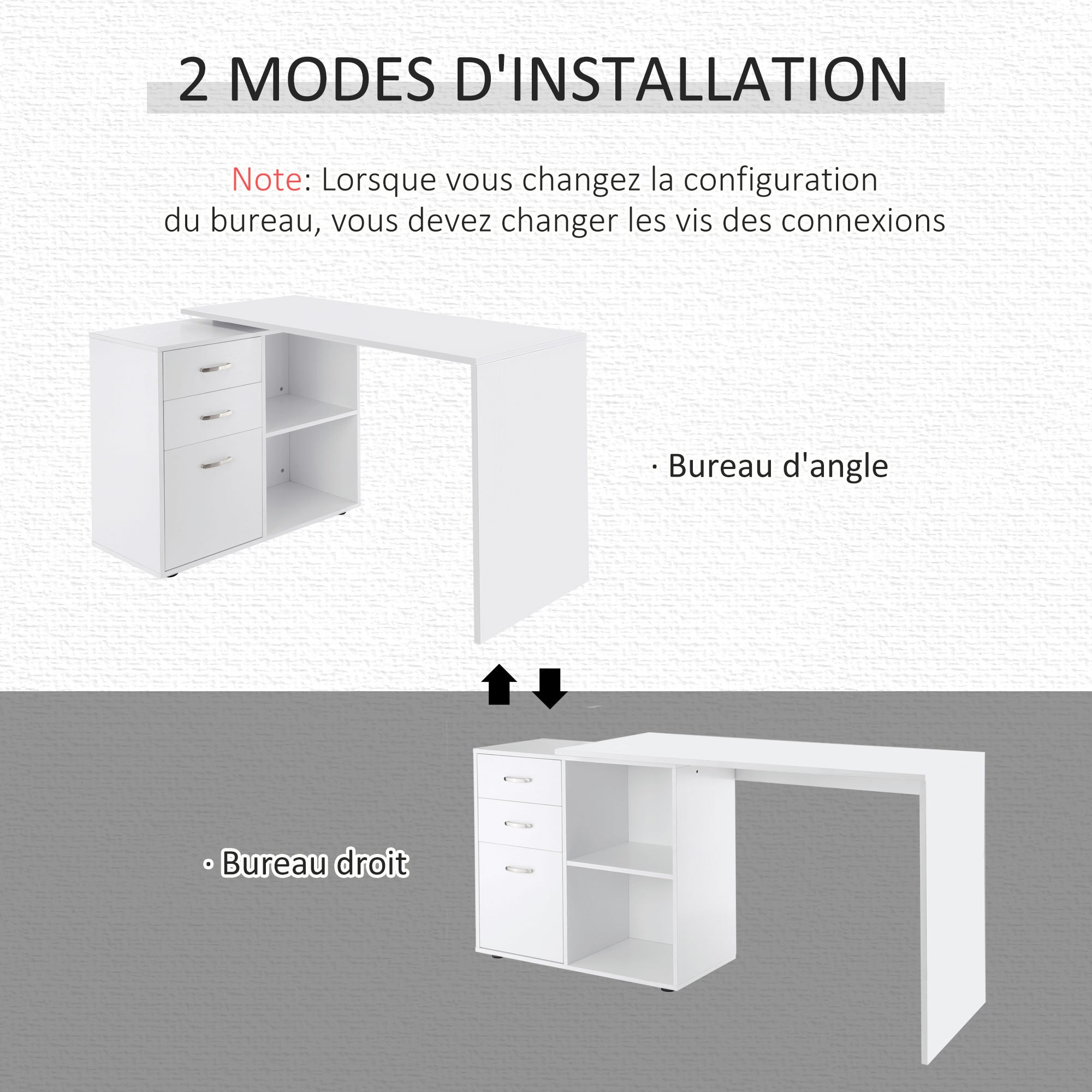 Bureau d'angle bureau droit modulable 2 en 1 bureau informatique tiroirs x 3 + 2 niches MDF blanc