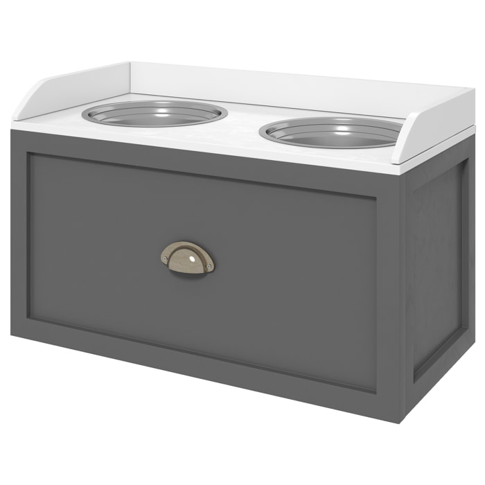 Gamelle double chien chat - porte-gamelles surélevé rangement 2 en 1 - tiroir, 2 gamelles - acier inox. MDF gris blanc