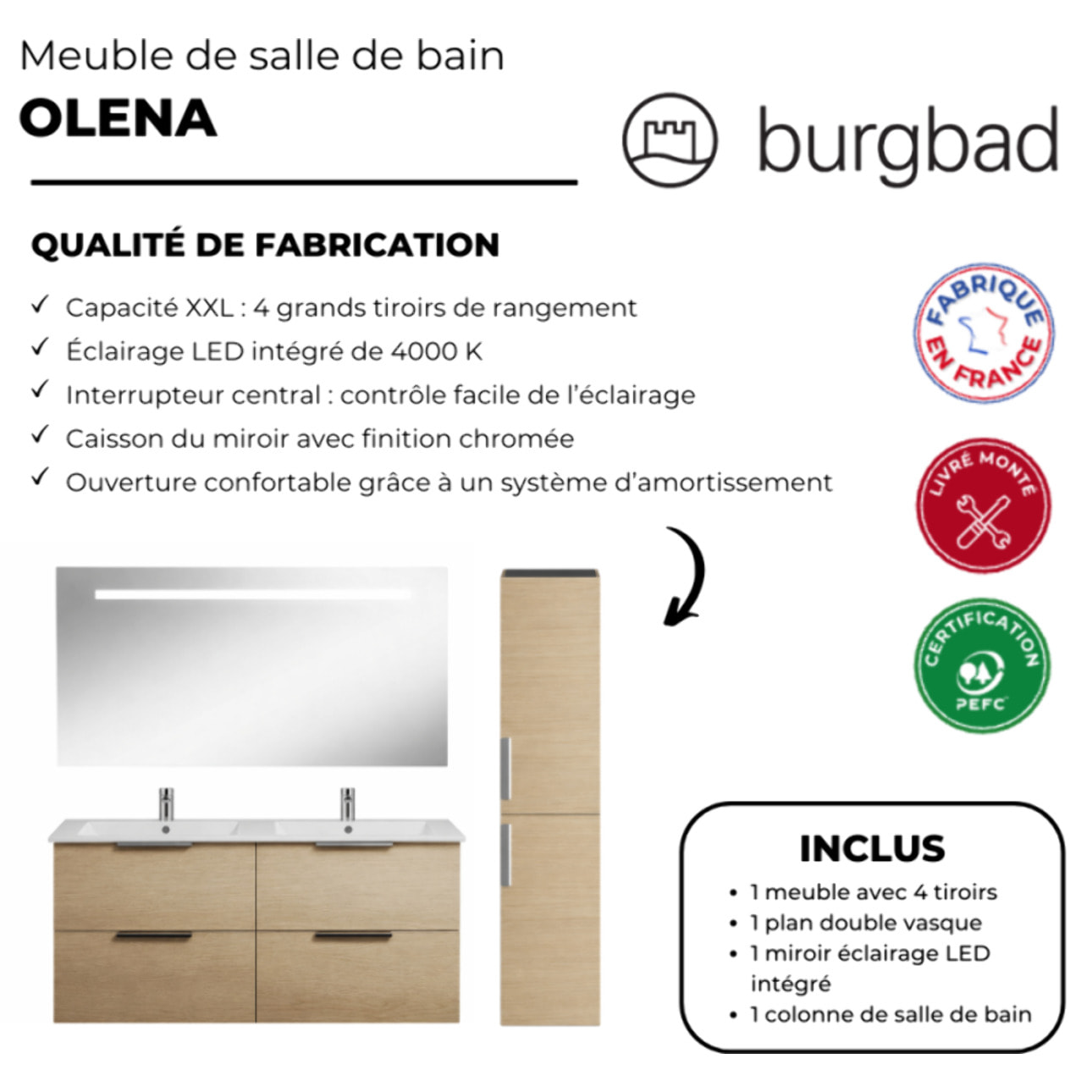 Meuble double vasque 120 cm BURGBAD Olena chêne clair + miroir + colonne