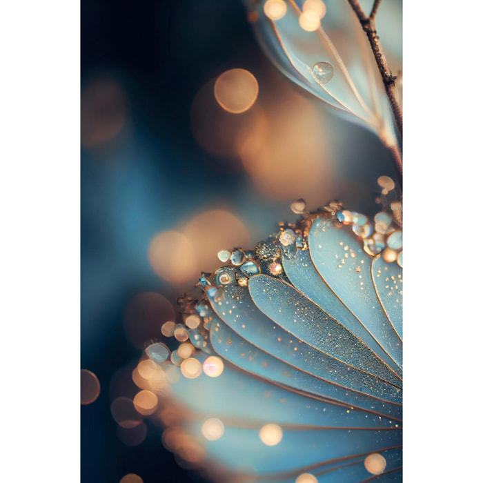 Tableau de fleurs gouttes d'or et petales blancs  Tableau plexiglas