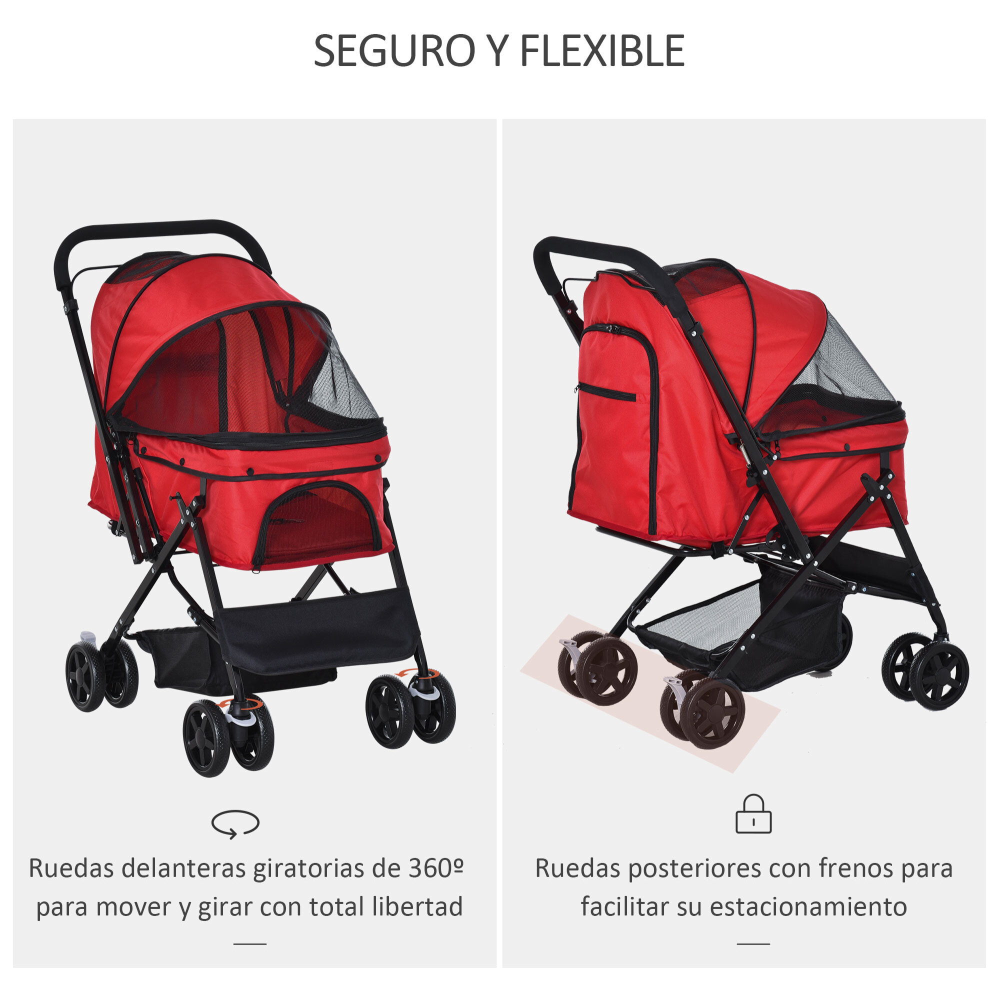 Cochecito para Mascotas Plegable Carrito para Perros Gatos con Toldo Ajustable Cesta de Almacenaje Correas de Seguridad y Frenos Tela Oxford 600D Acero 76,5x52x95 cm Rojo