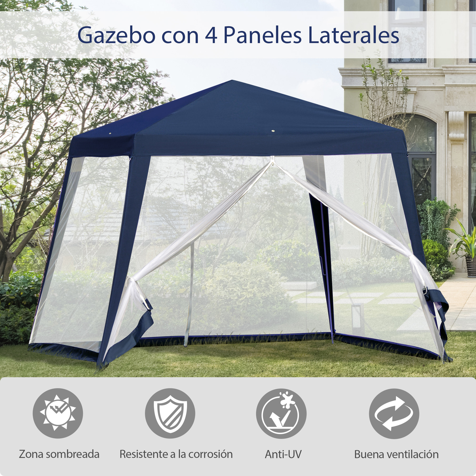 Carpa de Jardín 3x3 m Cenador con 4 Partes Laterales Mosquitera con Cremallera Protección UV para Patio Exterior Eventos Fiesta Azul