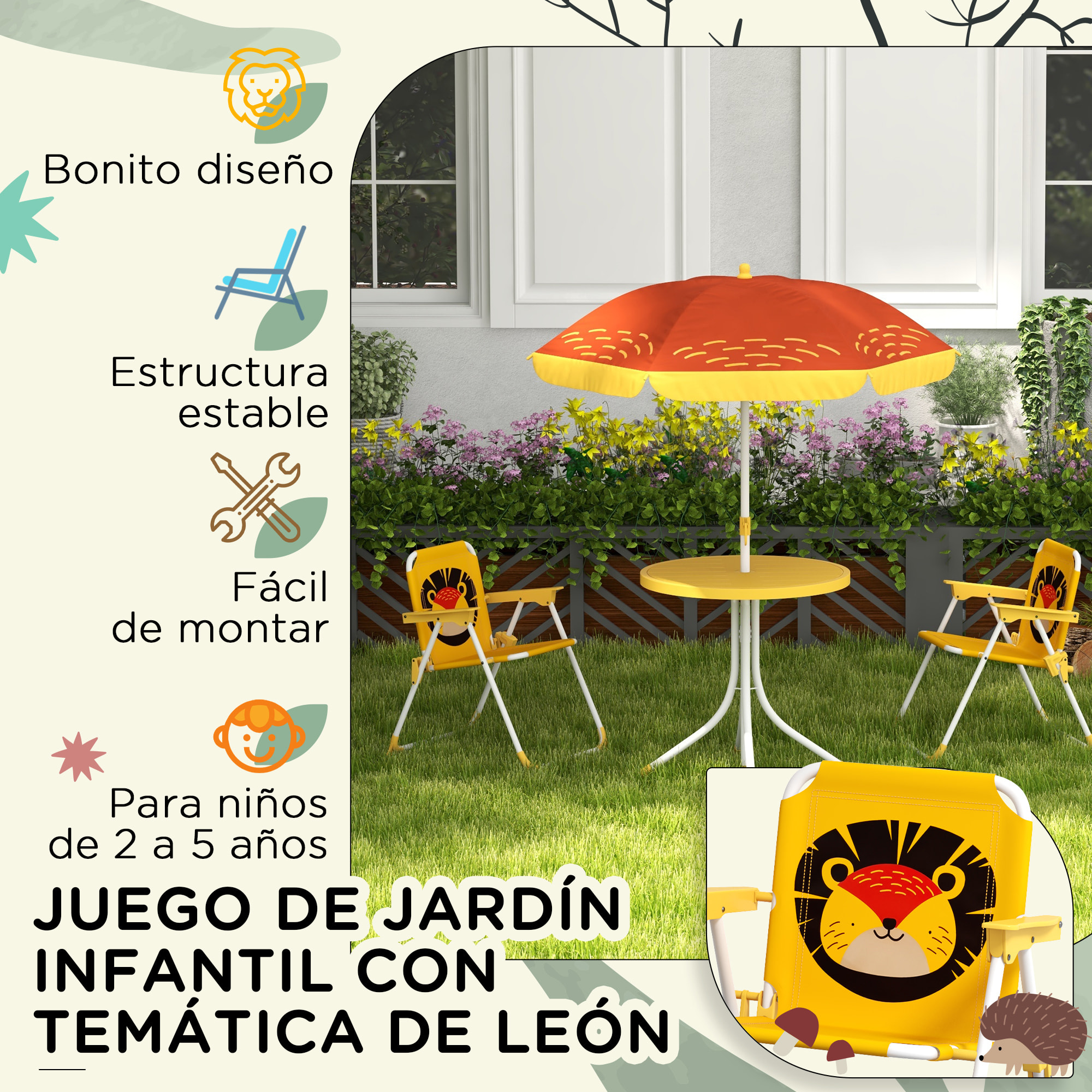 Conjunto de Mesa y Sillas para Exterior Infantil Set de 2 Sillas Plegables y Mesa para Niños Mesa con Sombrilla Ajustable en Altura Temática de León para Jardín Patio Amarillo y Marrón