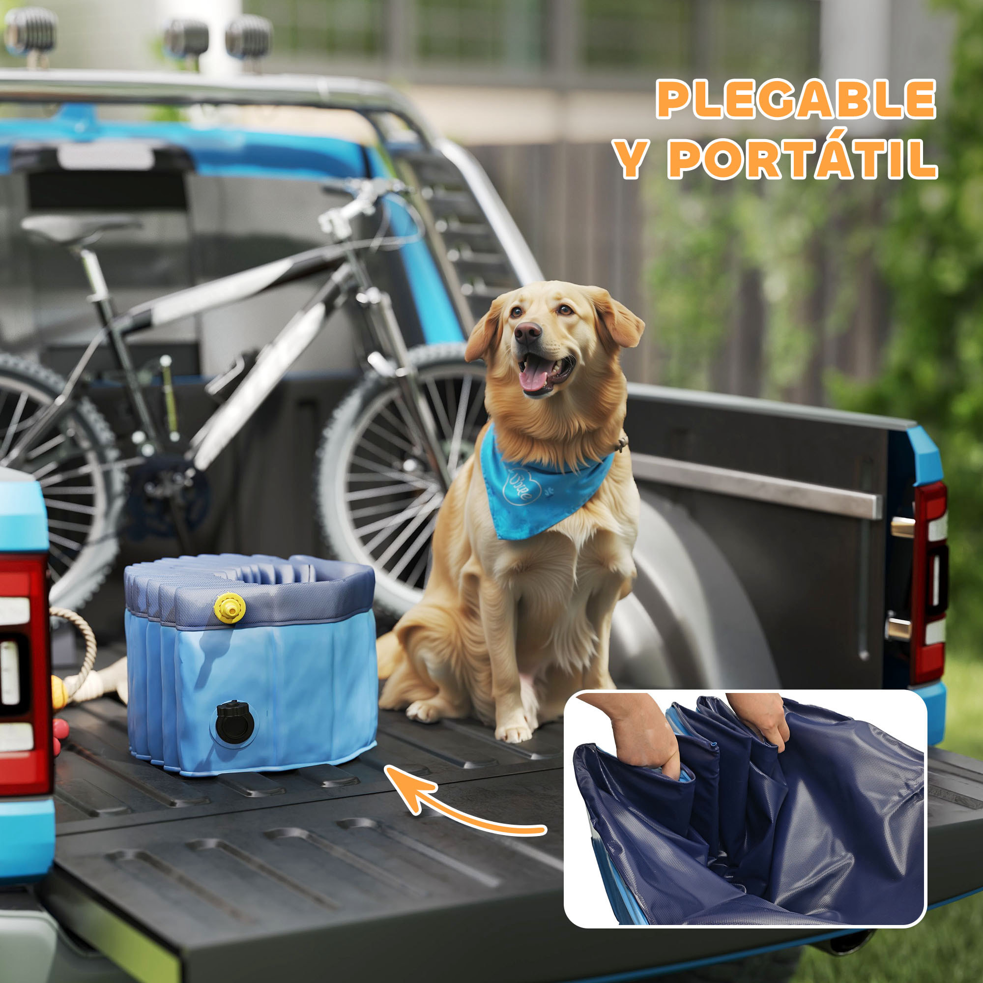 Piscina para Perros Plegable con Aspersor Bañera Portátil para Mascotas Grandes de PVC Antideslizante y Resistente al Desgaste para Interiores y Exteriores Ø120x30 cm Azul Claro