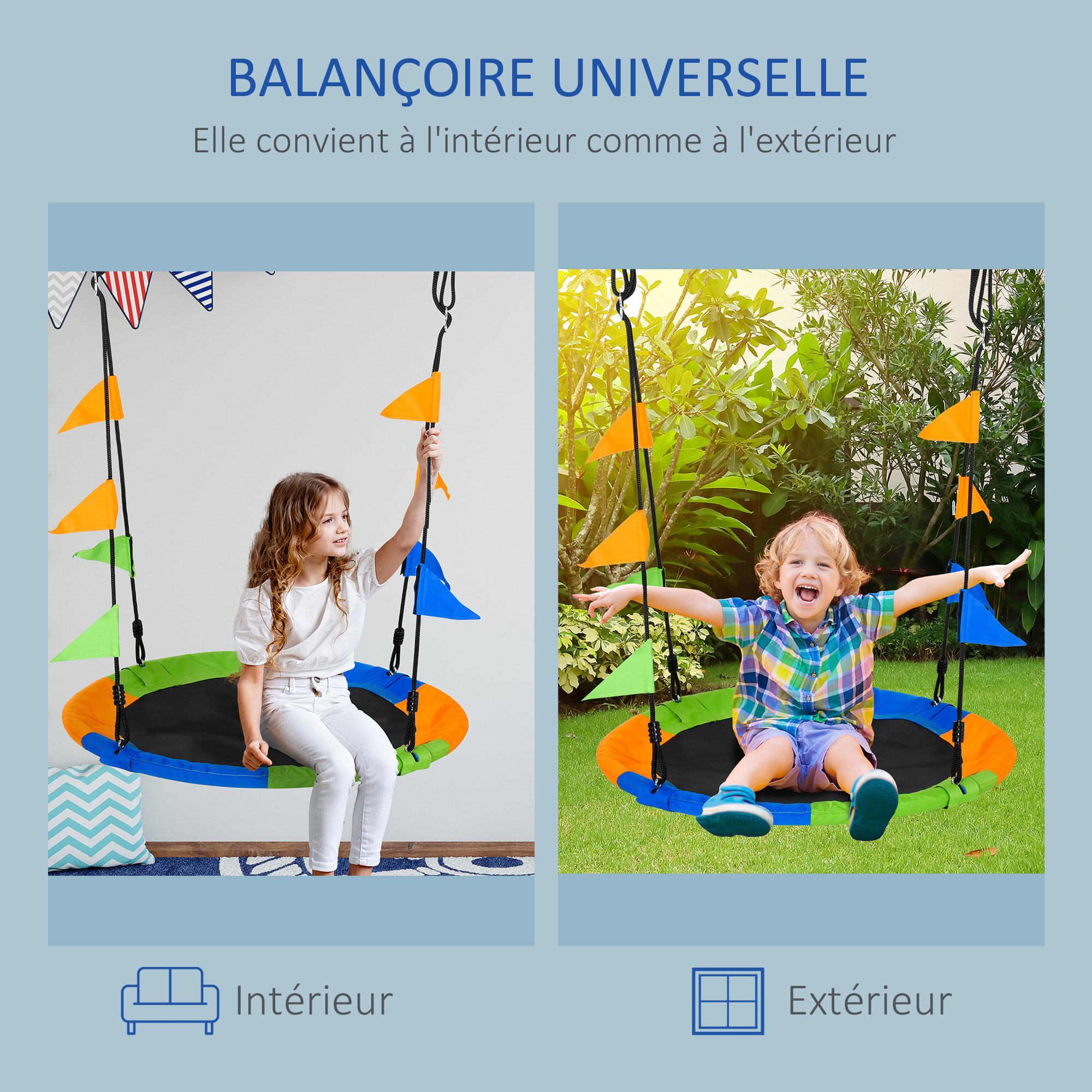 Balançoire nid d'oiseau ronde balançoire panier Ø 100 cm 2 anneaux inclus métal époxy PP Oxford haute densité drapeaux multicolores