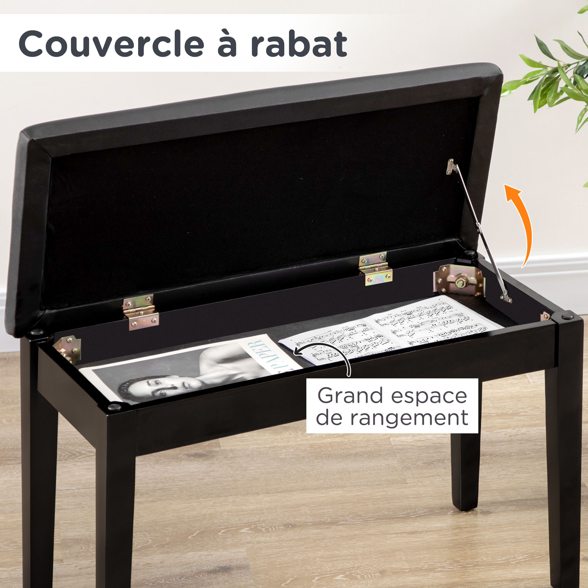 Banquette tabouret siège pour piano avec coffre de rangement pied bois hévéa revêtement synthétique noir