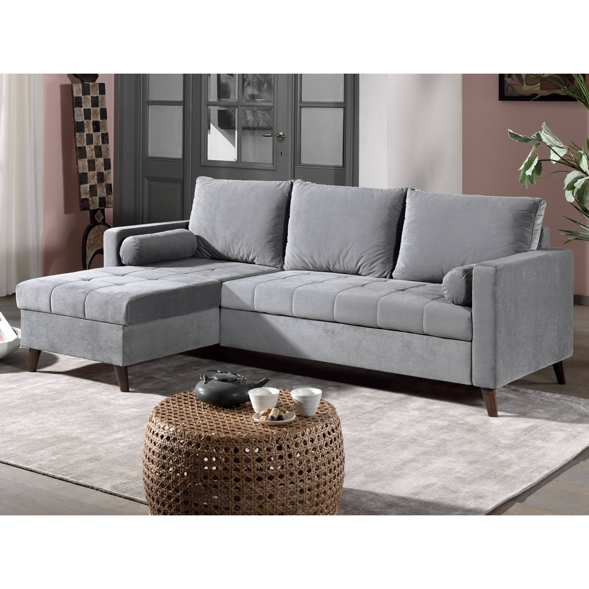 POLAR - Canapé d'angle réversible convertible - en velours au design scandinave - 4 places - Gris clair