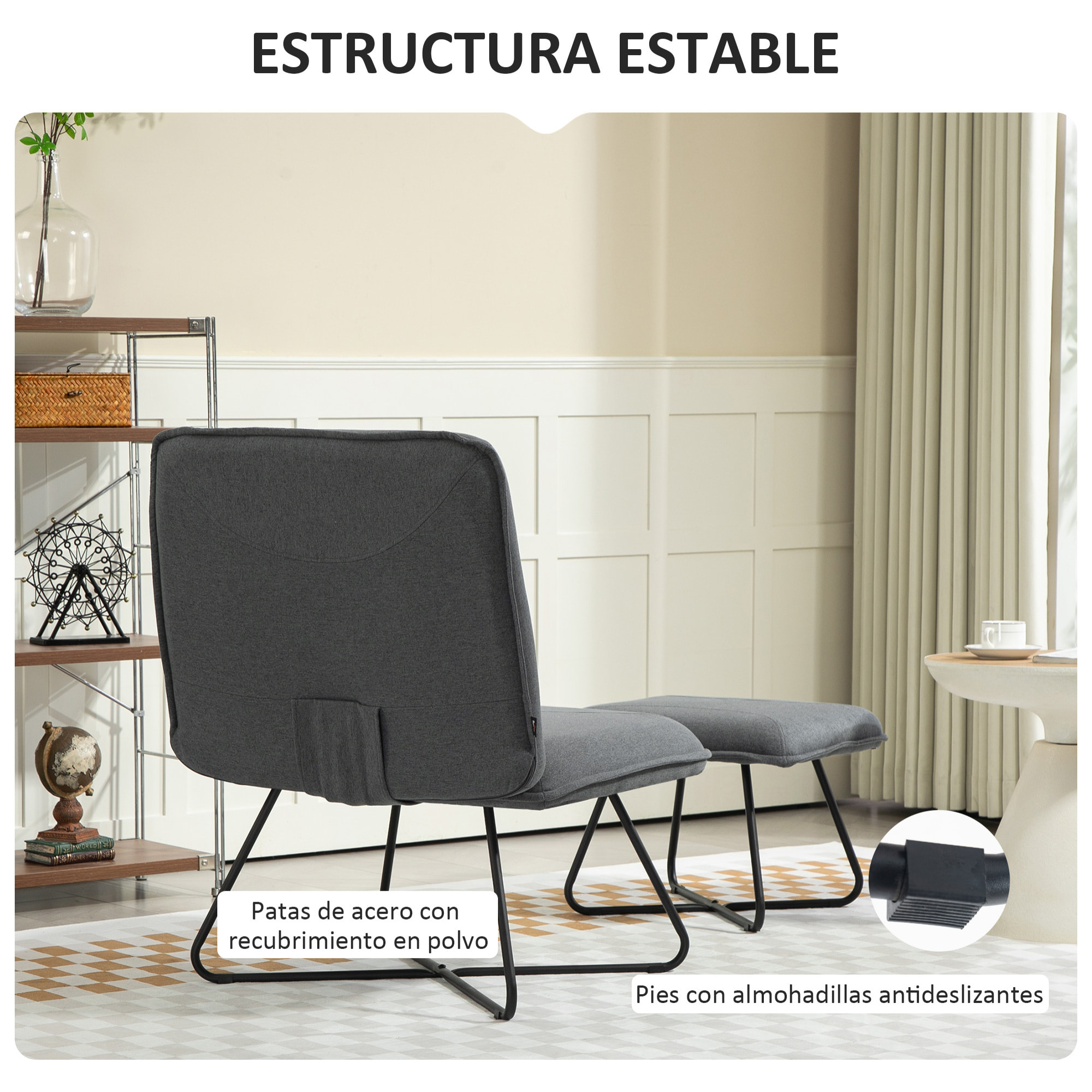 Sillón de Salón con Otomana Sillón de Relax sin Brazos Sillón para Lectura con Patas de Acero en Forma de Cruz para Sala de Estar Dormitorio