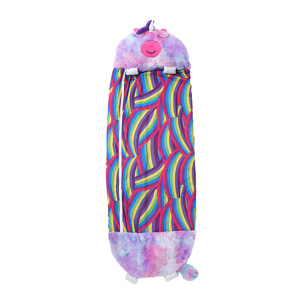 Saco de dormir convertible en almohada, para niños, Unicornio Multicolor Violeta. Tacto peluche. Grande /L: 170x70cm.