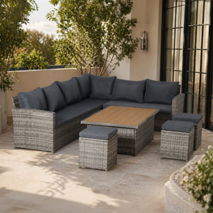 Salon de jardin modulable 9 places en résine tressée avec table relevable effet bois BELEM