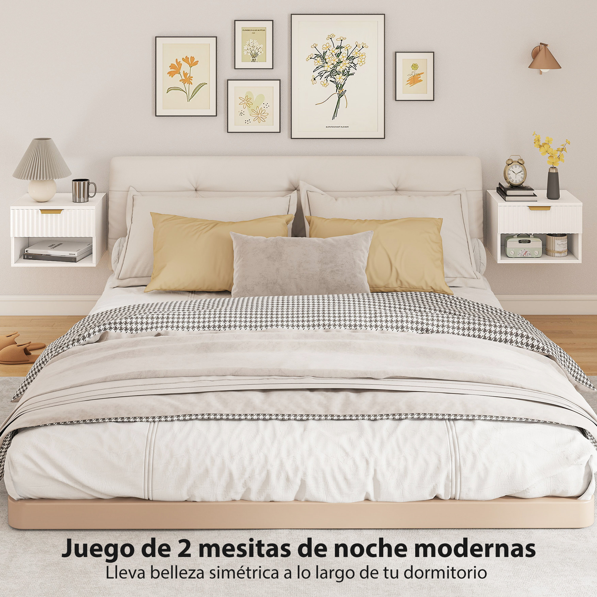 Juego de 2 Mesitas de Noche Flotantes Estrechas, Mesillas de Noche Dormitorio con Cajón con Frente Acanalado y Estante Abierto, para Sala de Estar, 40x34x29 cm, Blanco