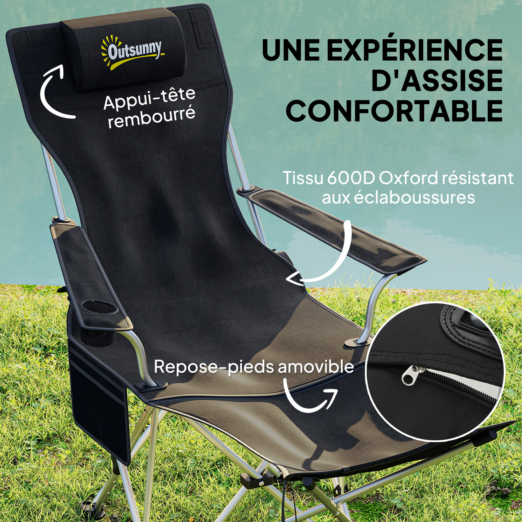Lot de 2 chaises de camping pliantes - repose-pied amovible, rangements - sac transport - noir
