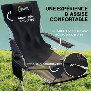 Lot de 2 chaises de camping pliantes - repose-pied amovible, rangements - sac transport - noir