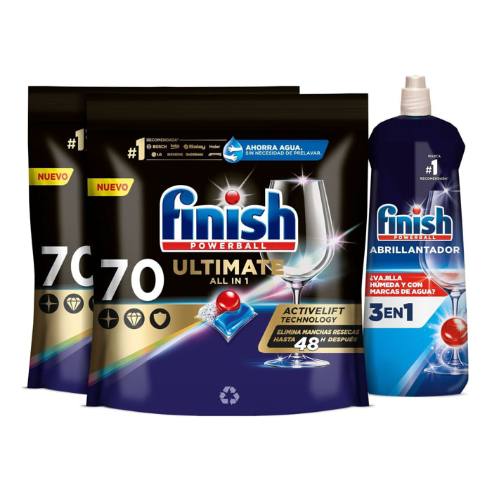 PACK FINISH ULTIMATE 140 PASTILLAS + ABRILLANTADOR 800ML (160 LAVADOS)