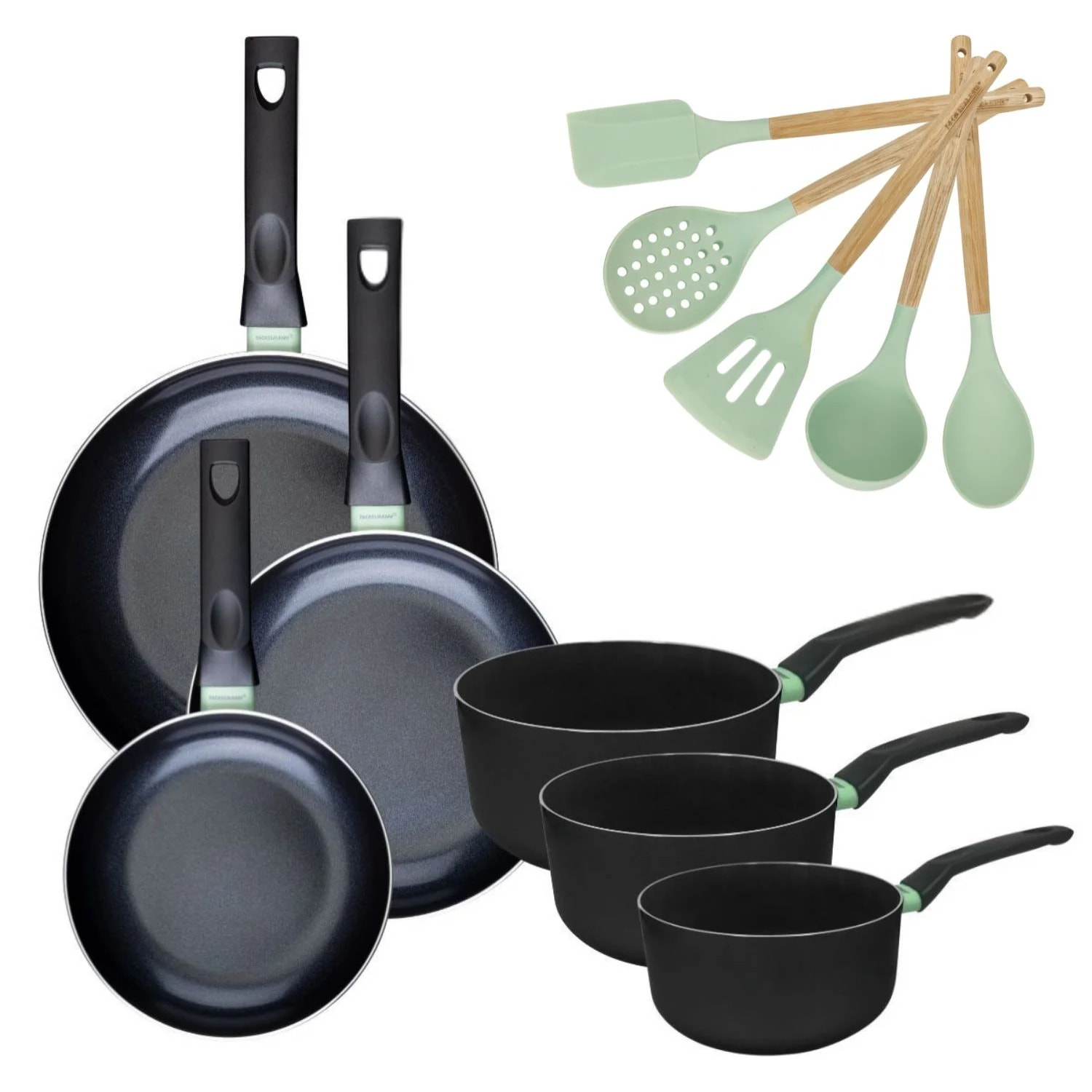 Lot de 3 poêles et 3 casseroles Fackelmann Brandao avec 5 ustensiles Ocean