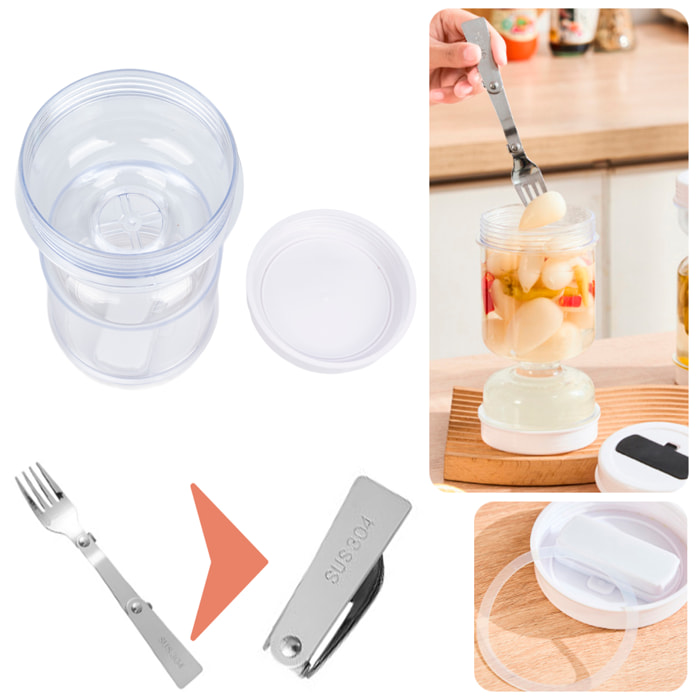 Recipiente para encurtidos de 800ml con tapa sellada, colador inferior, compartimento para tenedor plegable y diseño transparente para controlar la frescura.