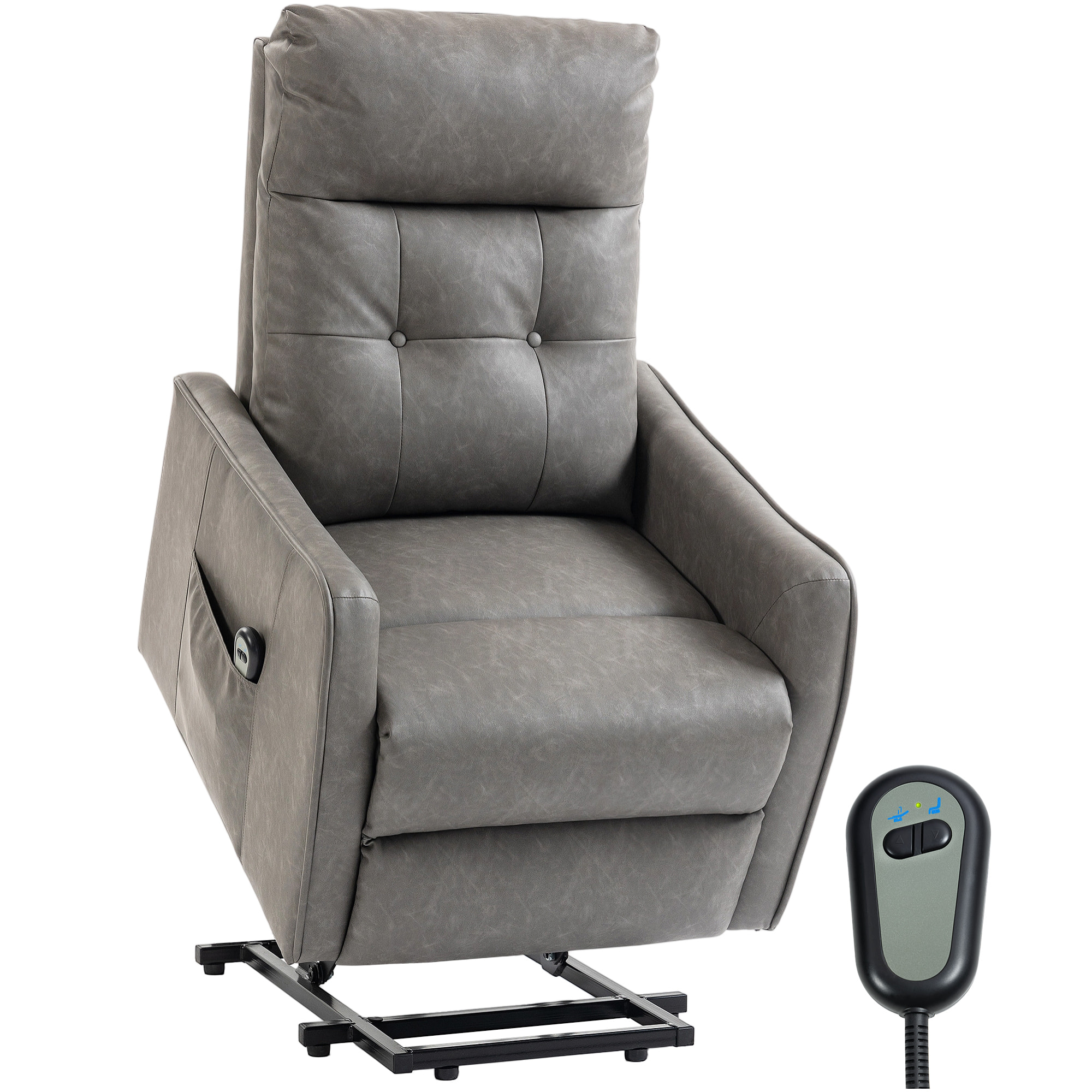 HOMCOM Sillón Relax Reclinable Eléctrico Levanta Personas, Tapizado en Cuero PU, Sillón Elevador con Control Remoto, Asiento de Muelles, Reposapiés, Respaldo Alto, Bolsillos Laterales, Gris Oscuro