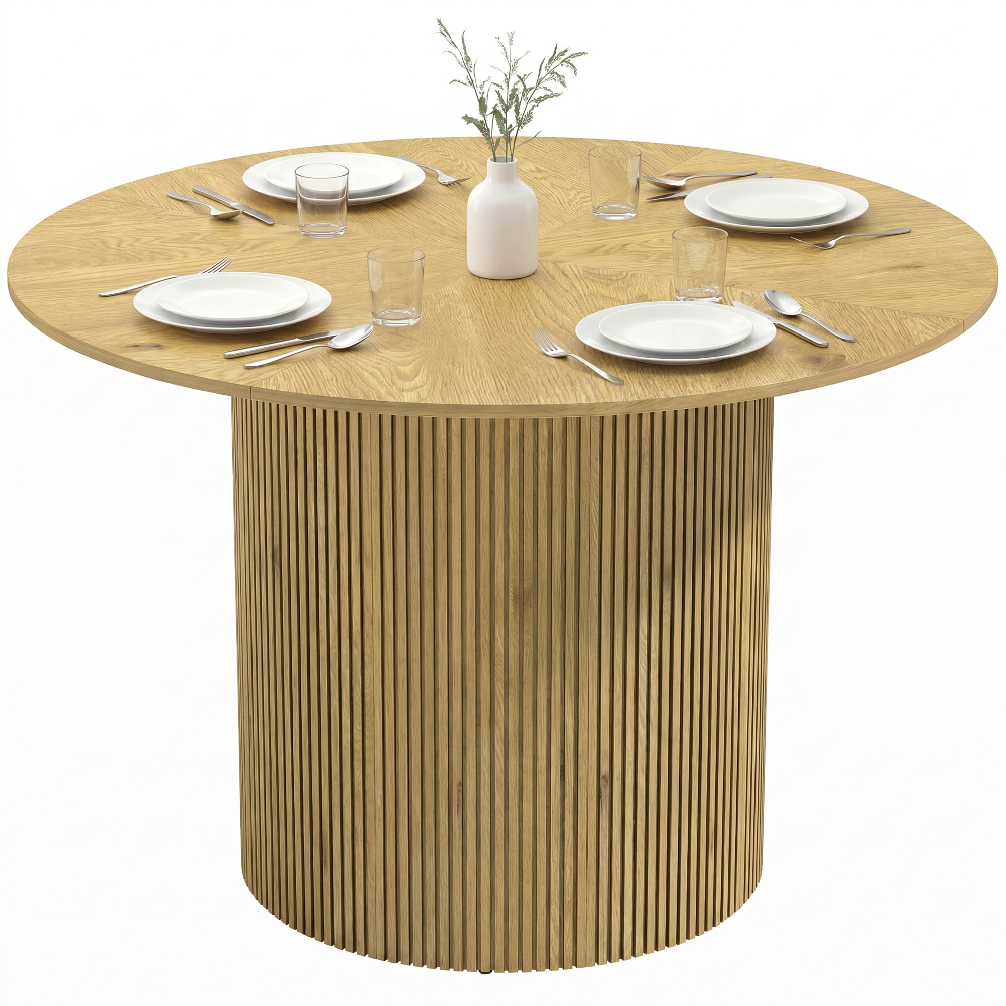 Mesa de Comedor Redonda, Mesa de Cocina para 4-6 Personas con Base Cilíndrica Acanalada, Marco Metálico, para Sala de Estar, Carga 100 kg, Ø110x75 cm, Roble
