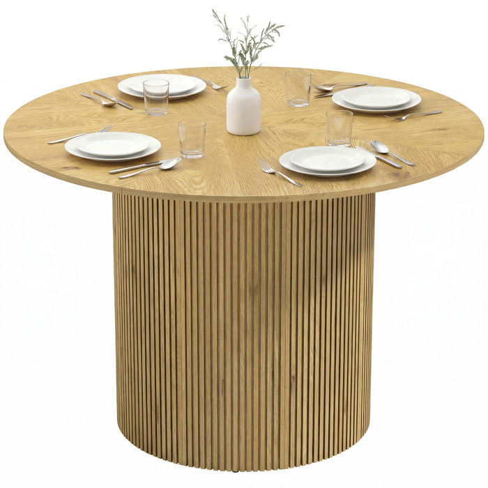Mesa de Comedor Redonda, Mesa de Cocina para 4-6 Personas con Base Cilíndrica Acanalada, Marco Metálico, para Sala de Estar, Carga 100 kg, Ø110x75 cm, Roble