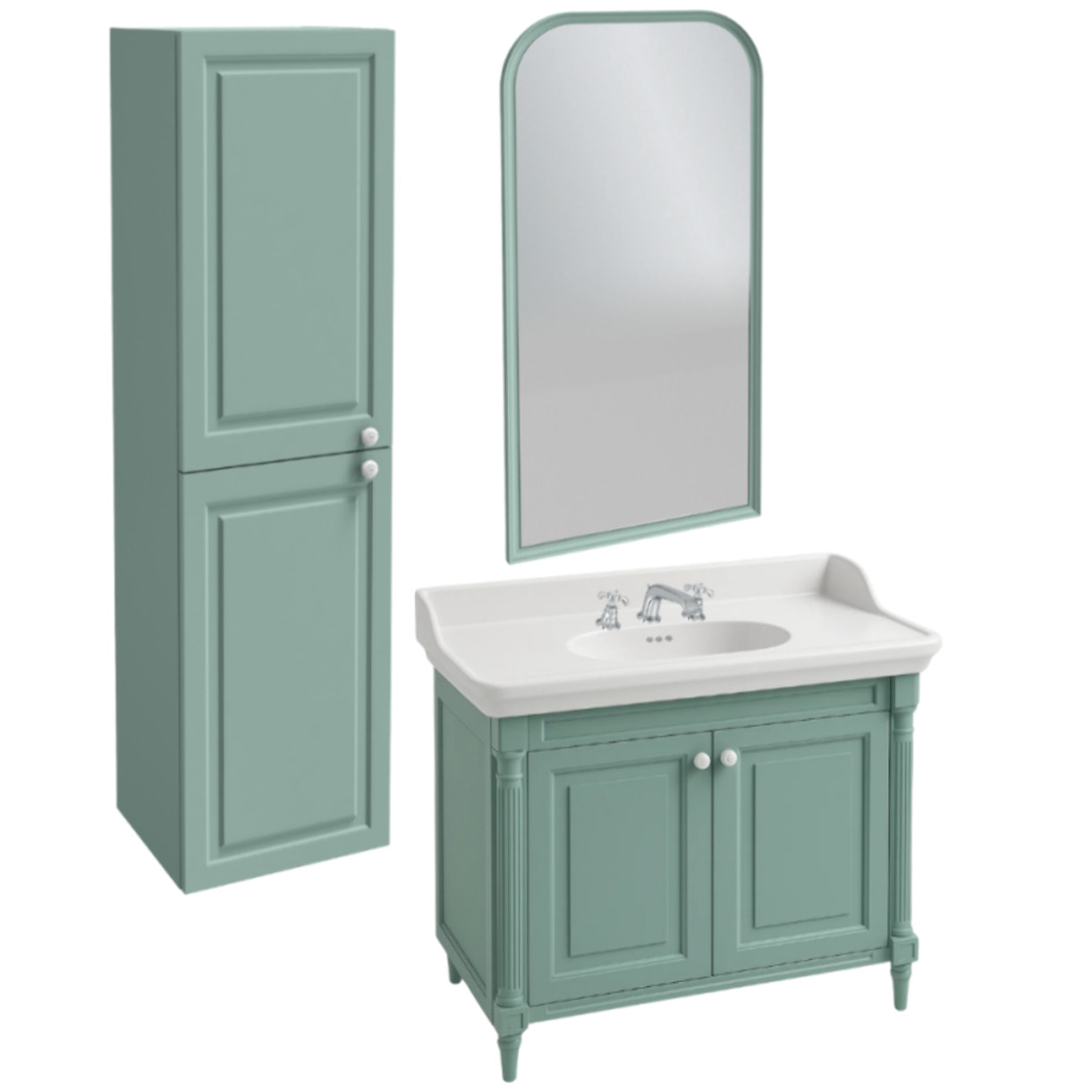 Pack meuble vasque 3 trous Cléo 1889 vert velours + colonne gauche + miroir + mélangeur croisillons chrome