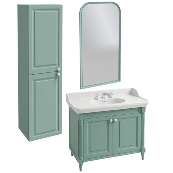 Pack meuble vasque 3 trous Cléo 1889 vert velours + colonne gauche + miroir + mélangeur croisillons chrome