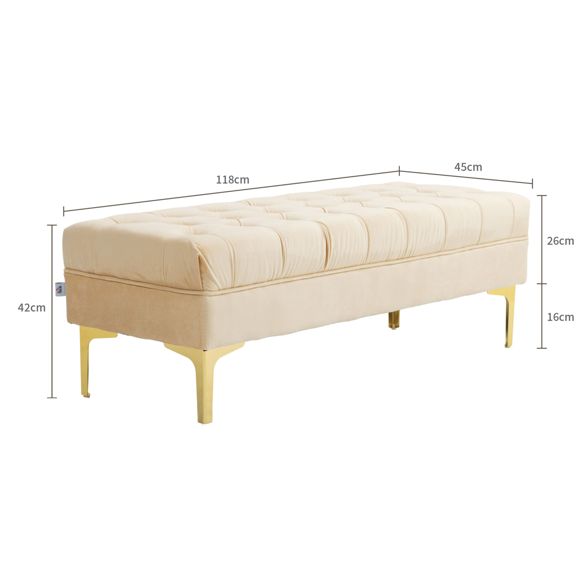 Banc banquette capitonnée style classique chic dim. 118L x 45l x 42H cm piètement métal doré velours beige