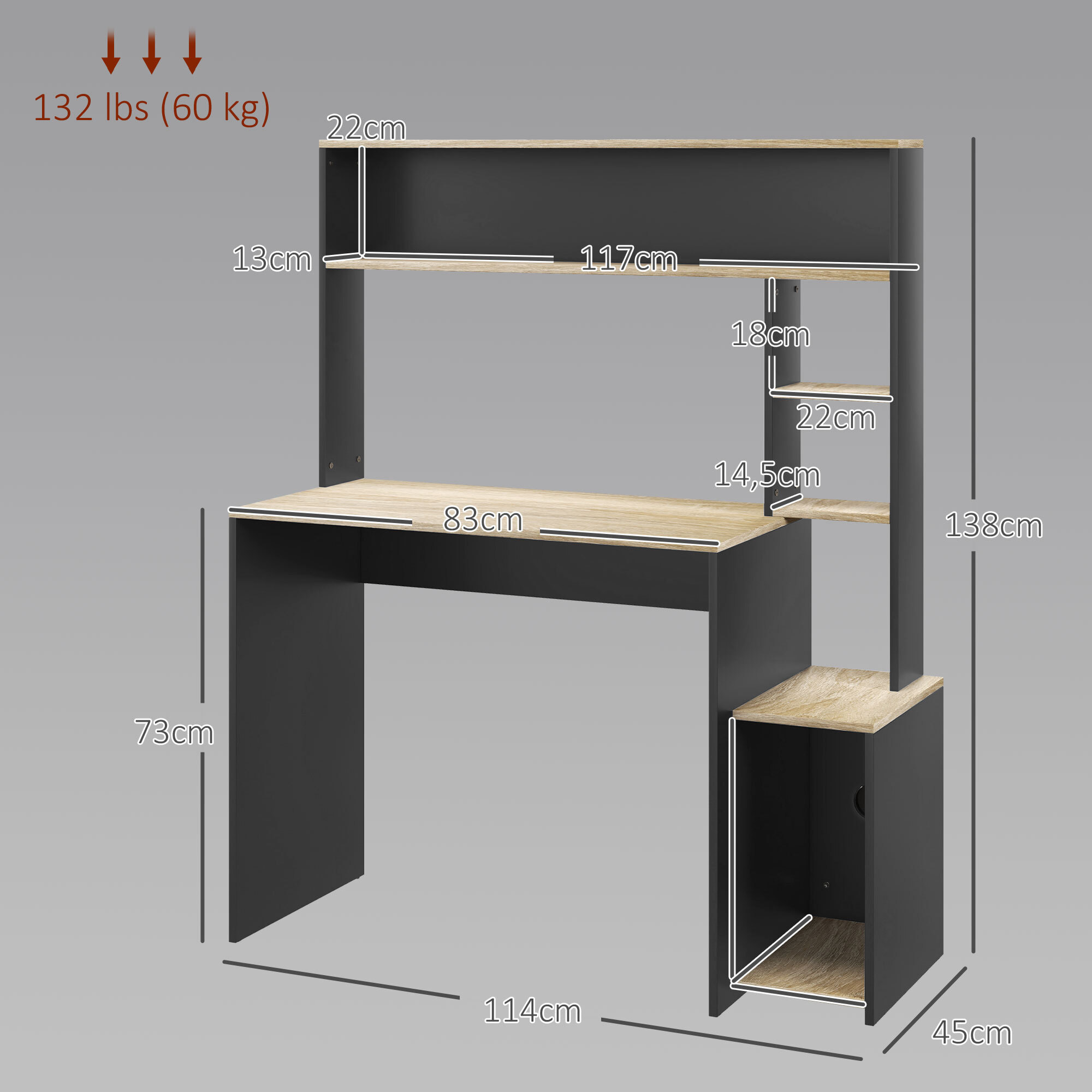 Bureau multi-rangement 5 étagères dim. 114L x 45l x 138H cm gris aspect chêne clair