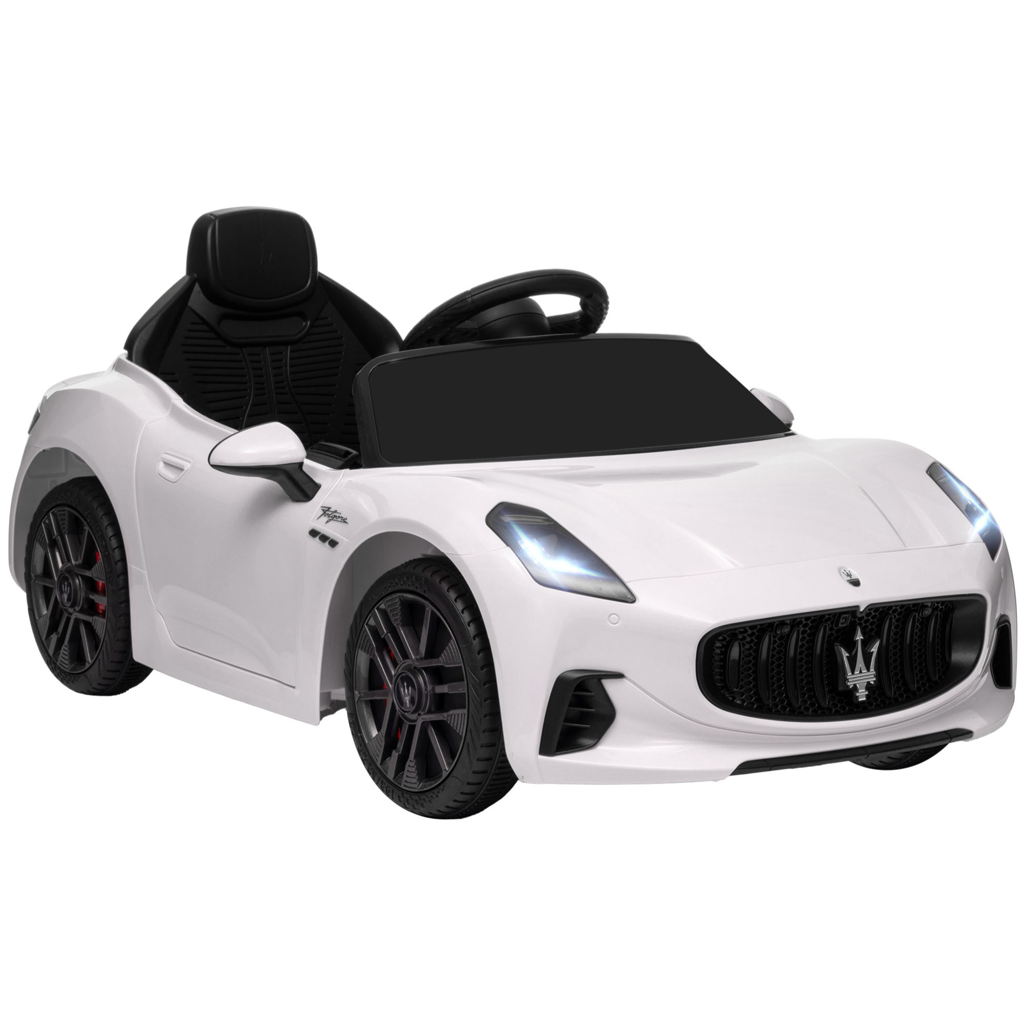 Coche Eléctrico para Niños de +3 Años Maserati Gran Turismo Folgore Coche Eléctrico con Batería 12V Mando a Distancia Faros Bocina y Música MP3 Blanco