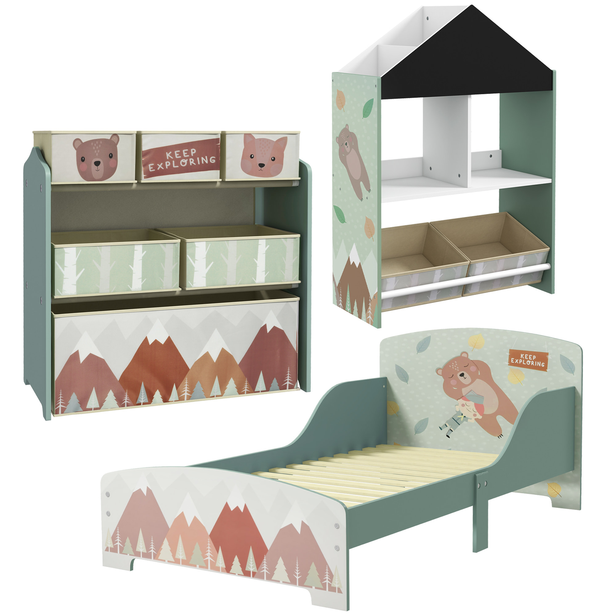 Conjunto para Niños Incluye 1 Cama Infantil 1 Estantería para Juguetes con Pizarra Pintable y 1 Organizador de Juguetes con 6 Cajas de Tela Extraíbles Verde