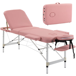 Camilla Masaje Plegable Portátil Camilla Estética Profesional de Aluminio de 3 Zonas con Respaldo Altura Ajustable 9 Niveles Reposacabezas Extraíble Reposabrazos Bolsa para Spa 215x81 cm Rosa
